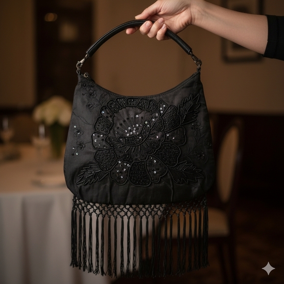 Y2K Vintage Black Beaded Fringe Sequin Evening Bag Mini Purse Party Flapper - Picture 11 of 11